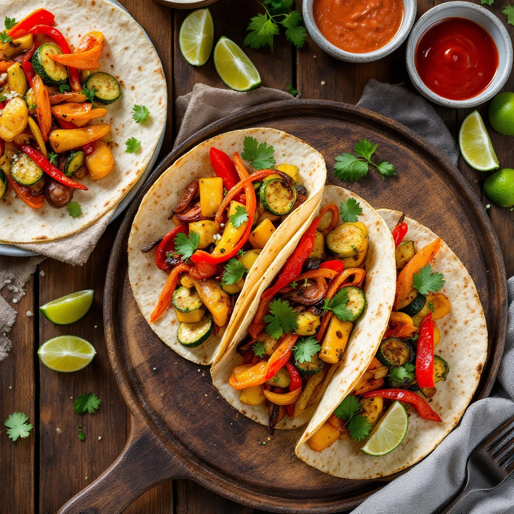 fajitas végétariennes maison avec légumes colorés et sauces