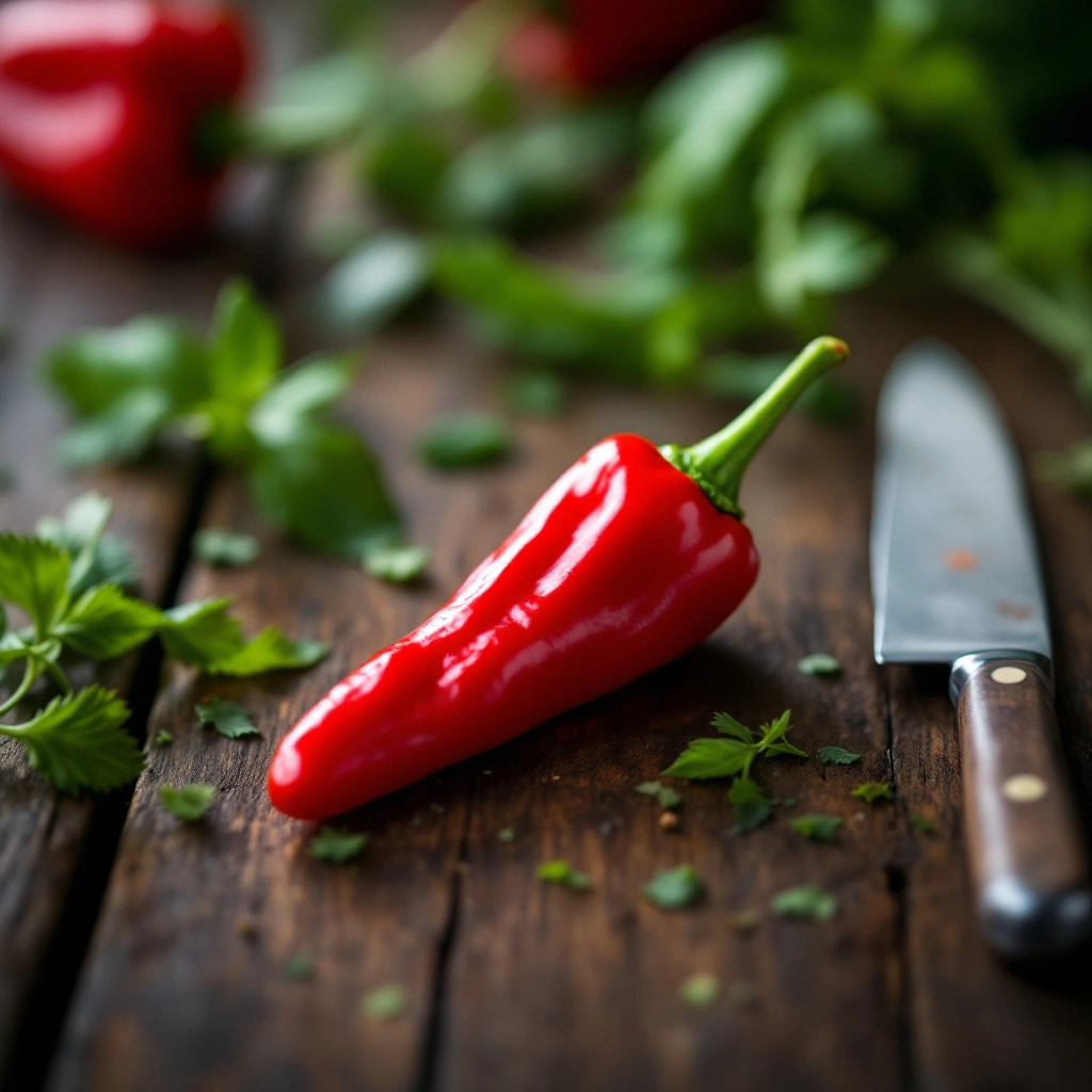 Piment végétarien rouge sur table de cuisine créole