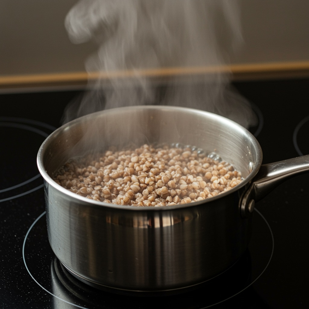 Cuisson du sarrasin dans une casserole en inox