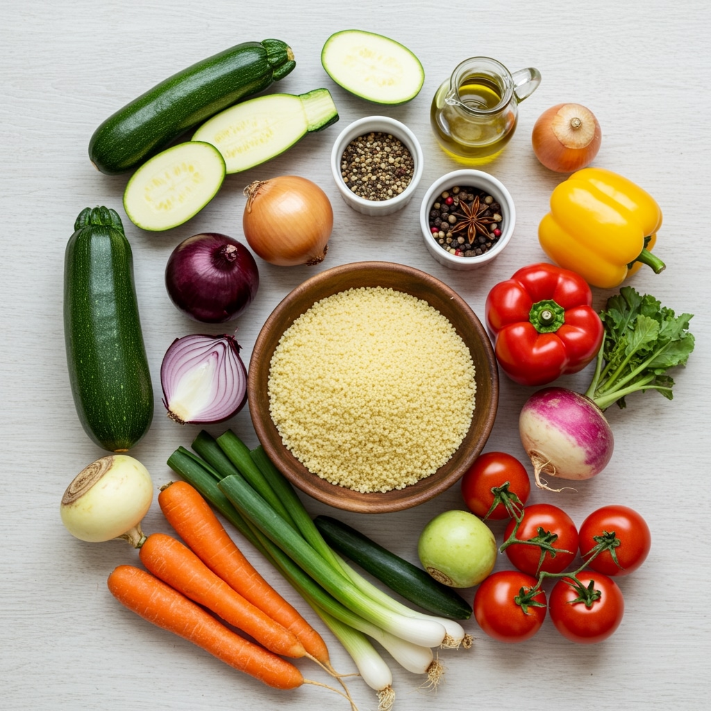 Ingrédients frais pour couscous végétarien : courgettes, carottes, pois chiches, poivrons, navets et semoule de couscous