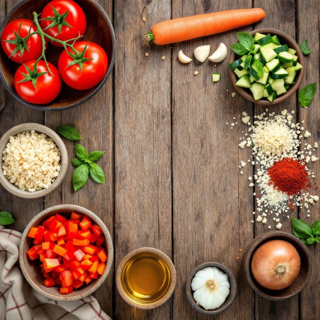Ingrédients frais pour tomate farcie végétarienne sur une table rustique : tomates rouges, quinoa, courgette, carotte râpée, poivron, ail, oignon, herbes et fromage
