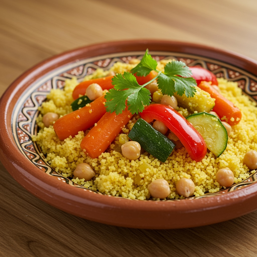 Couscous végétarien maison garni de légumes frais dans un plat marocain traditionnel