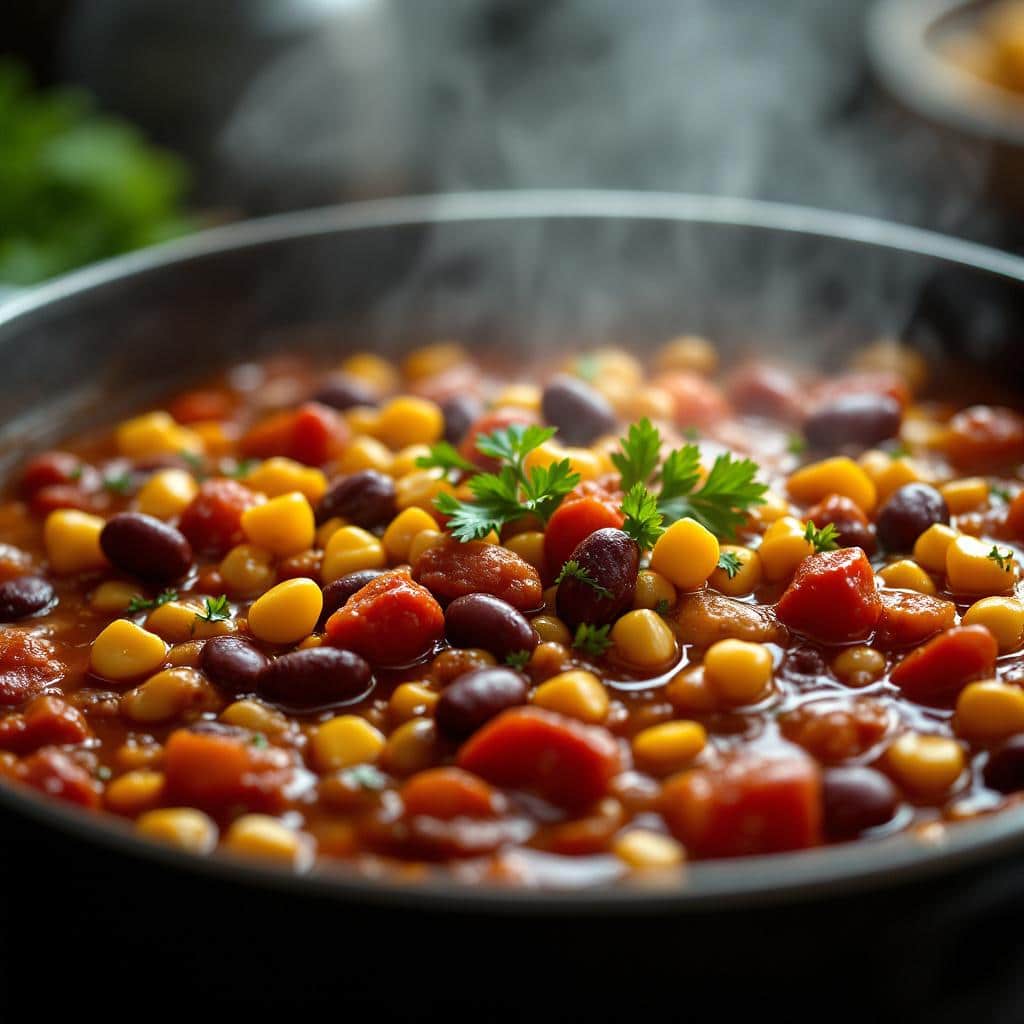 Chili végétarien mijotant à la casserole