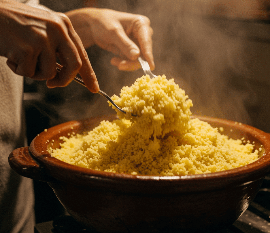 Cuisson de la semoule de couscous végétarien dans un couscoussier traditionnel marocain
