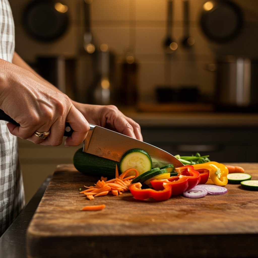 Préparation des légumes frais pour couscous végétarien sur planche en bois