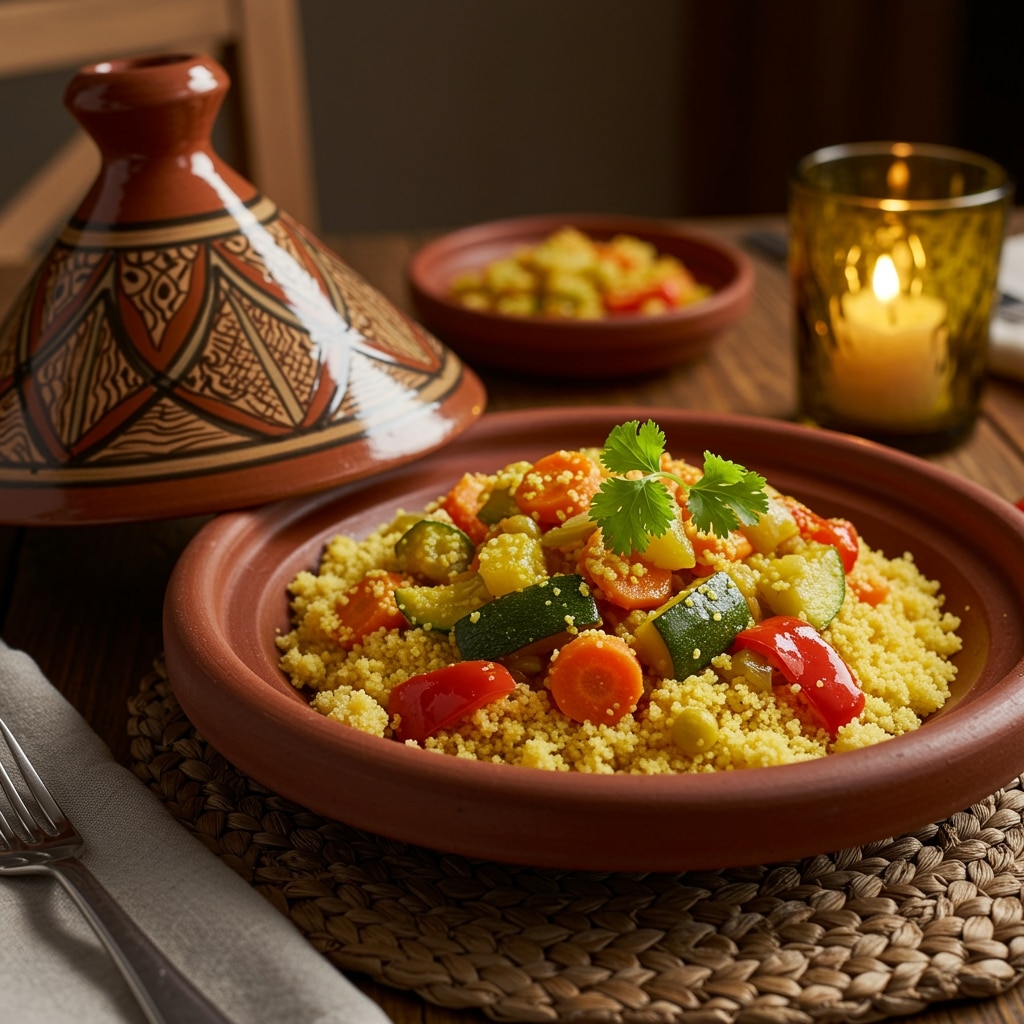 Couscous végétarien servi dans un plat marocain traditionnel avec coriandre fraîche