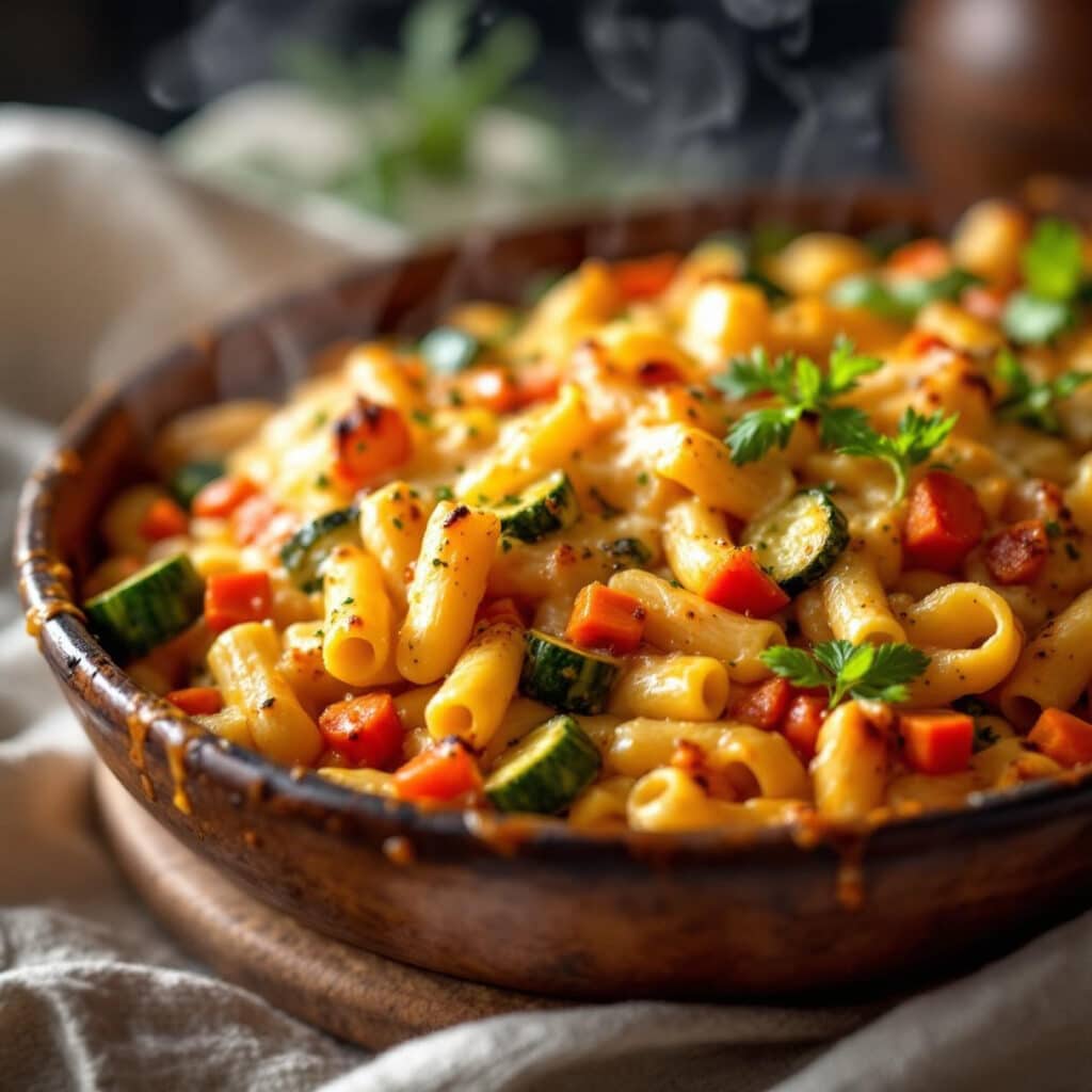 Gratin de pâtes aux légumes et fromage croustillant au four

