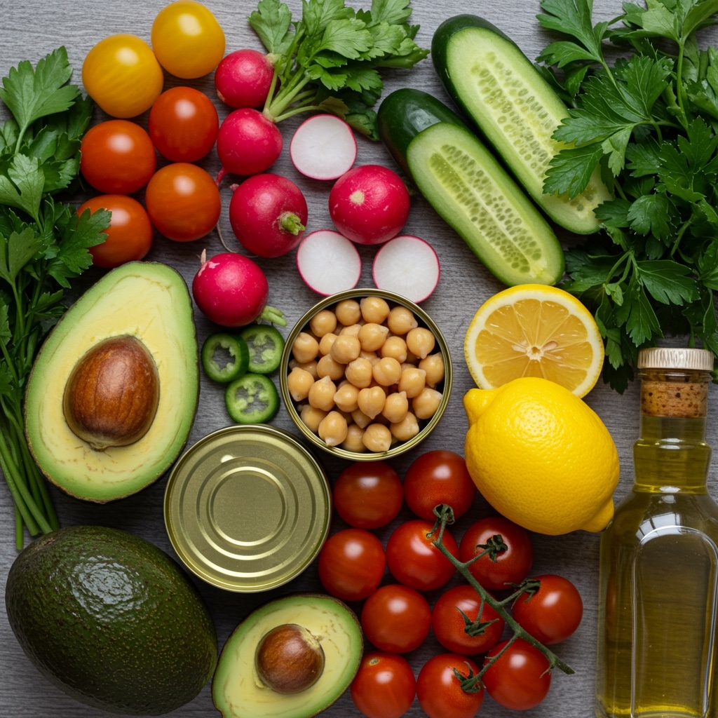 Ingrédients d’une recette apéro végétarien avec légumes frais et pois chiches