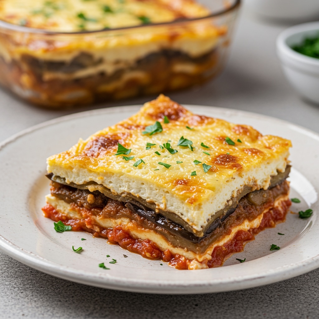 Part de moussaka recette végétarienne fondante et gratinée