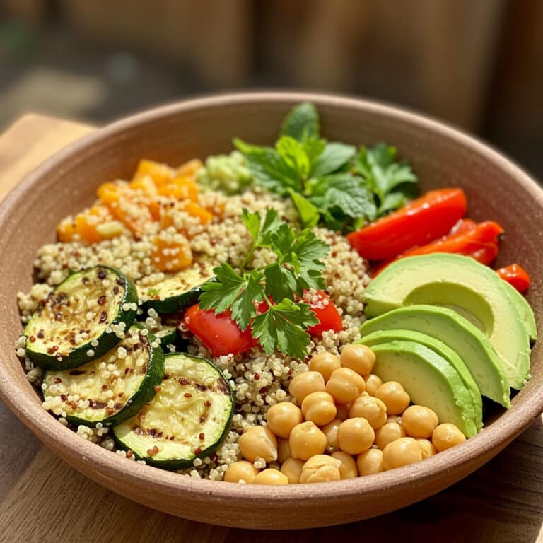 Plat végétarien équilibré quinoa légumes avocat