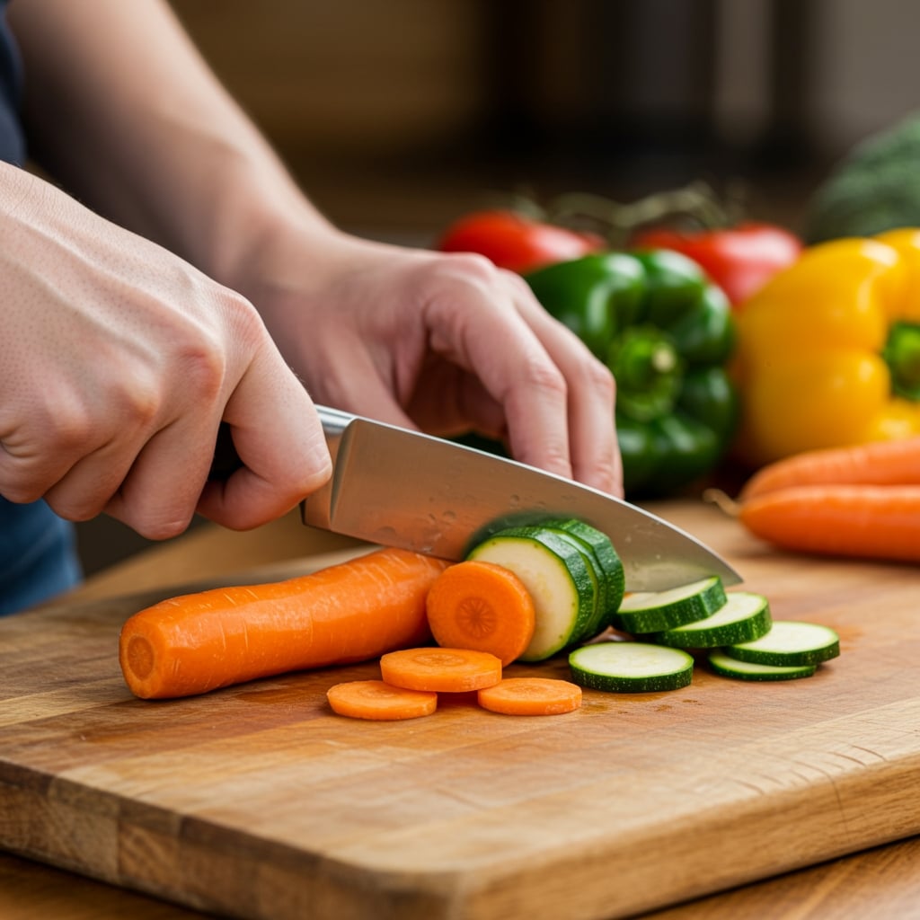 Découpe des légumes pour une recette végétarienne Cookeo