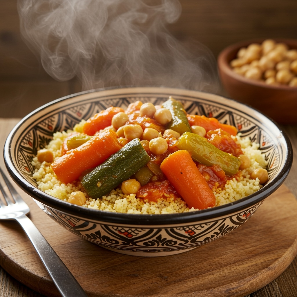 Bol de couscous végétarien garni de légumes mijotés dans une sauce tomate, sur une table en bois rustique.