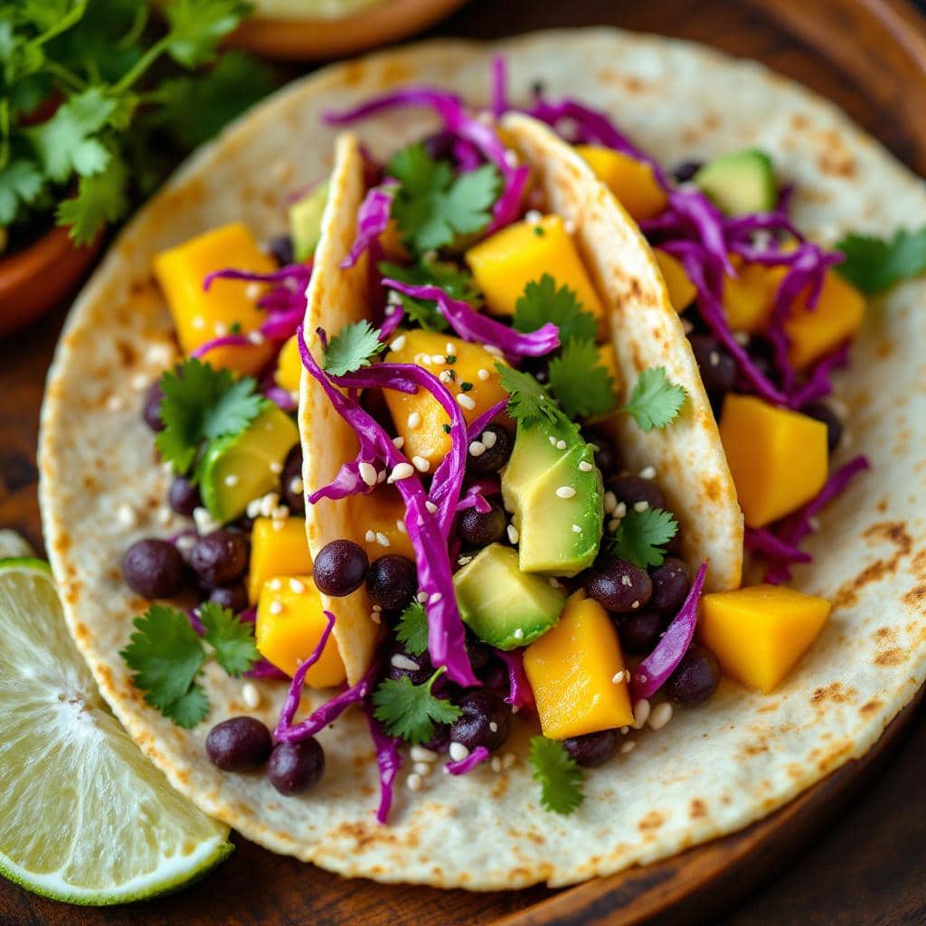 tacos veggie revisités aux haricots noirs et mangue