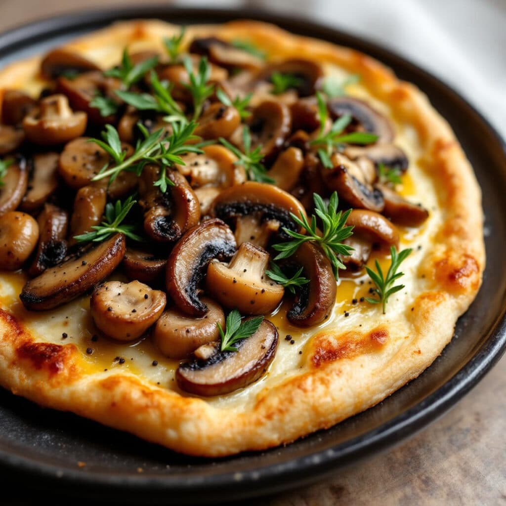 Tarte fine aux champignons et herbes fraîches sur assiette rustique

