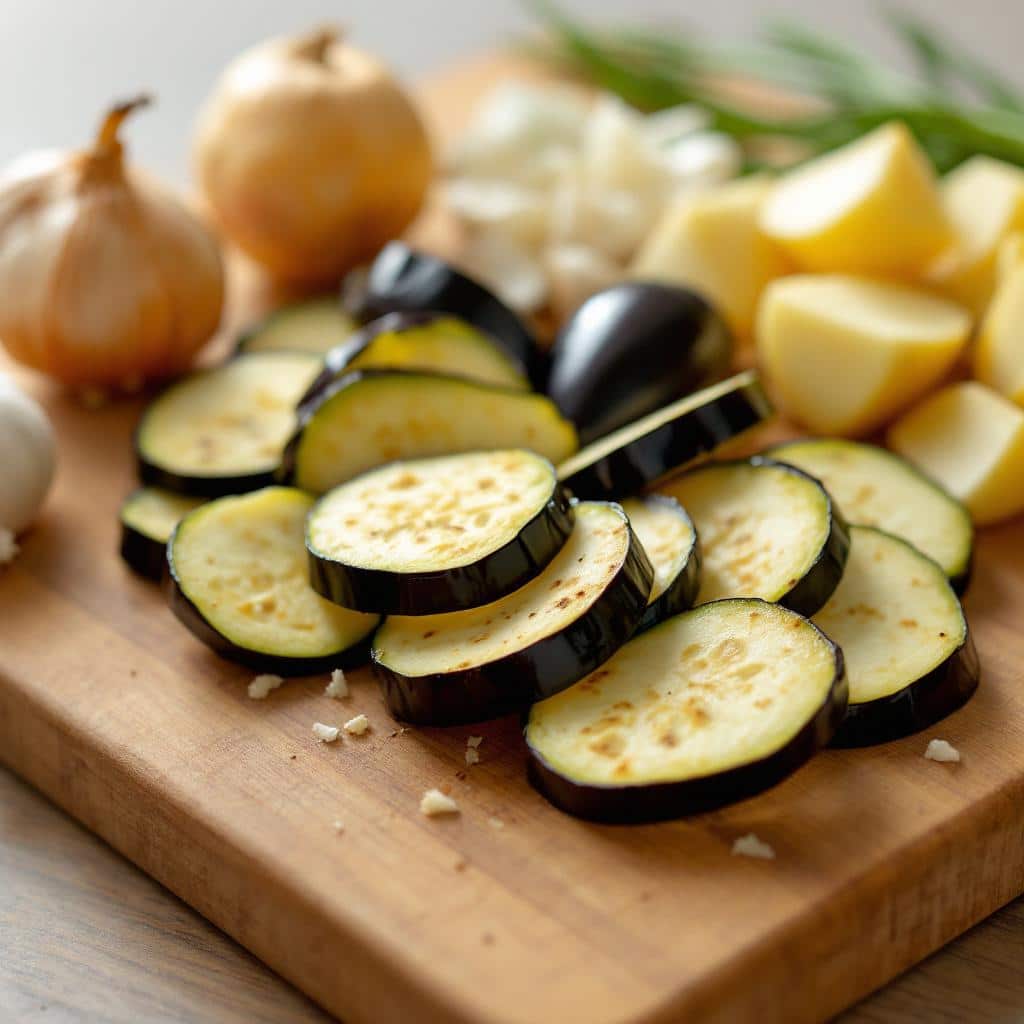 Aubergines et pommes de terre tranchées pour moussaka végétarienne