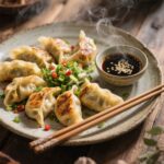 Assiette de gyozas végétariens dorés avec sauce soja