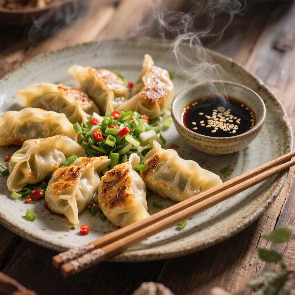 Assiette de gyozas végétariens dorés avec sauce soja