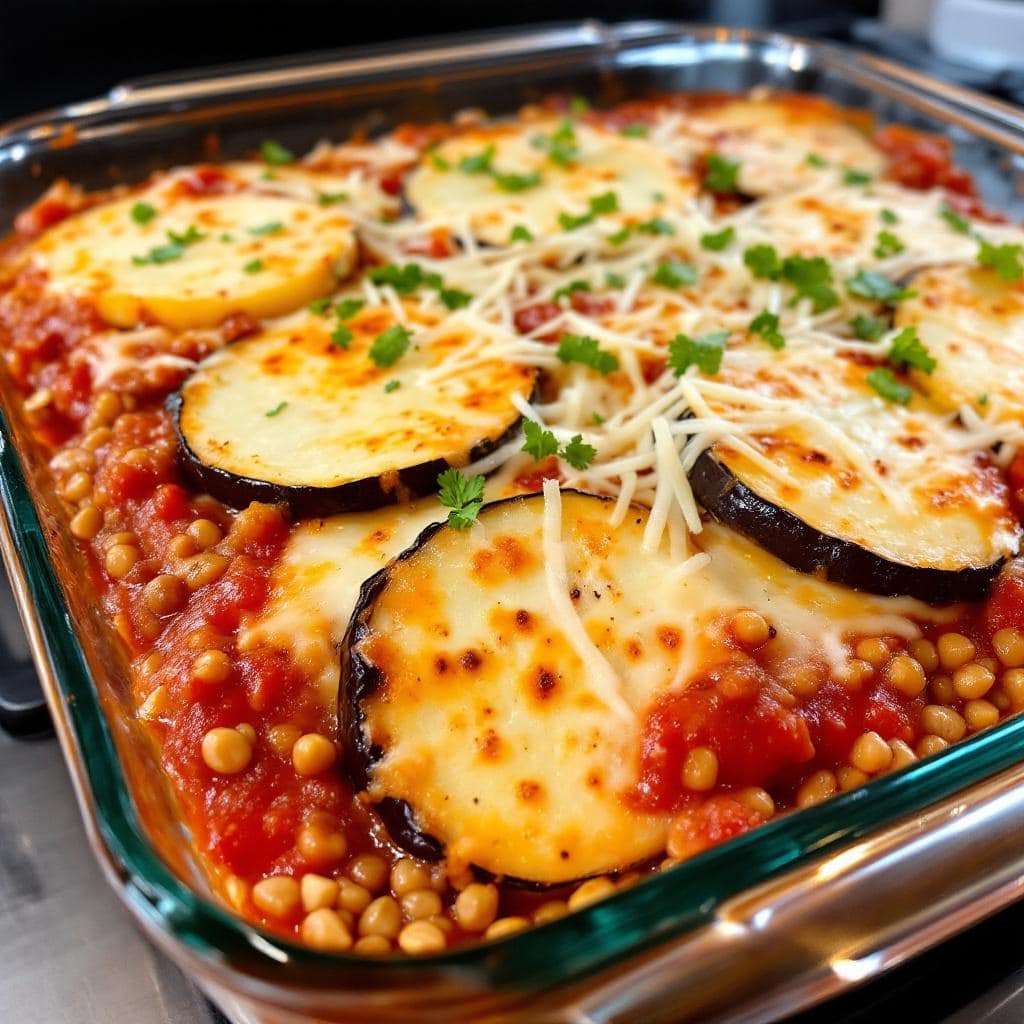 Montage d’une moussaka végétarienne dans un plat à gratin