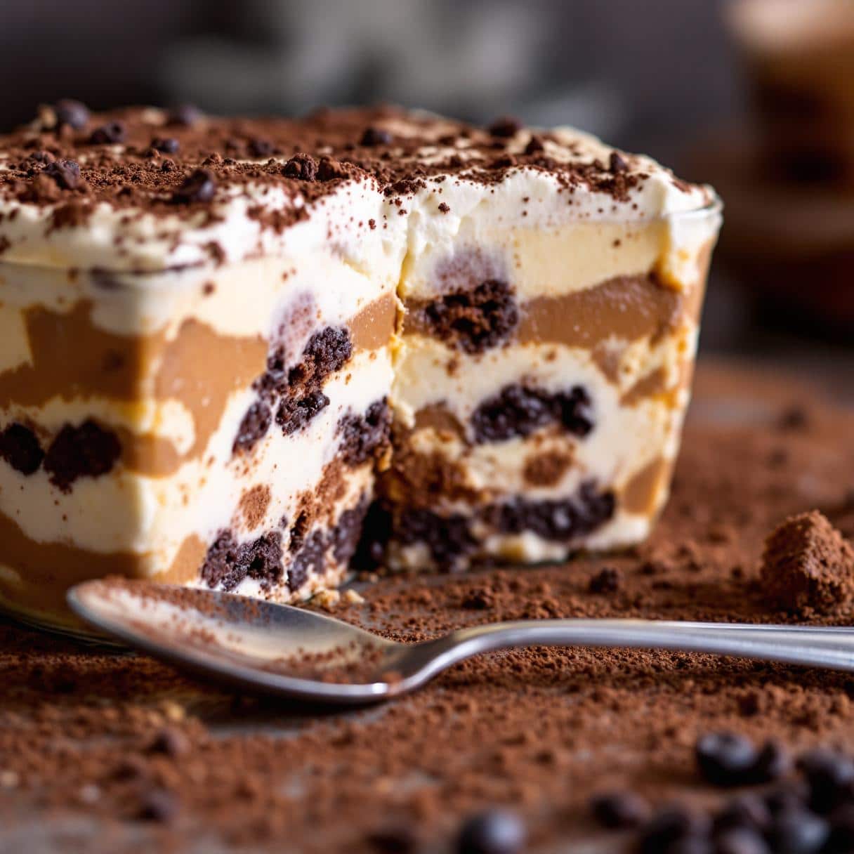 Tiramisu végétarien sans œufs en gros plan dans un plat en verre