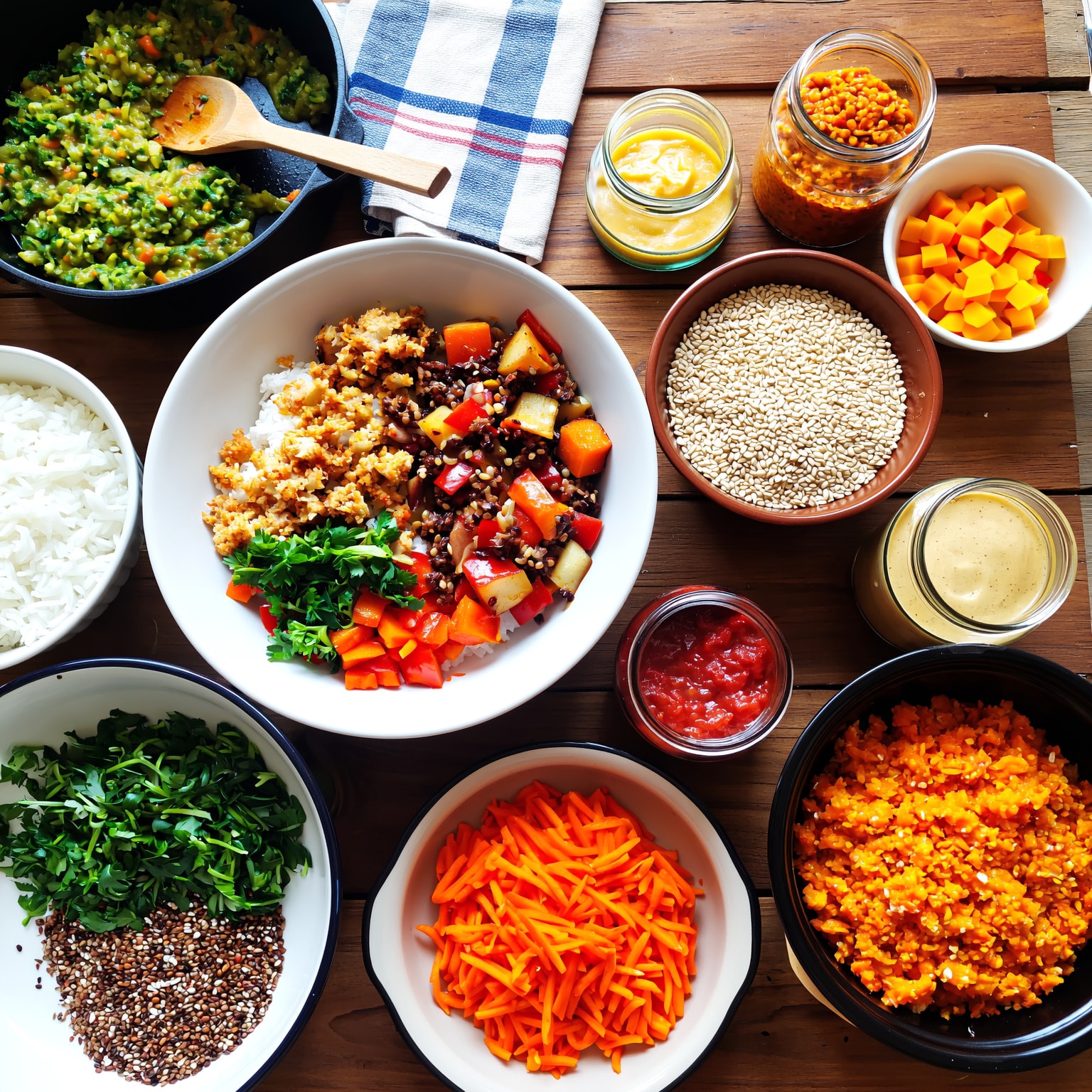 Batch cooking végétarien avec légumes rôtis, céréales et sauces maison