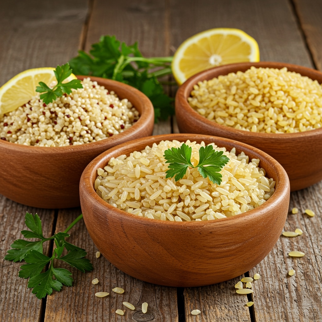Bols rustiques de riz, quinoa et boulgour cuits pour batch cooking végétarien