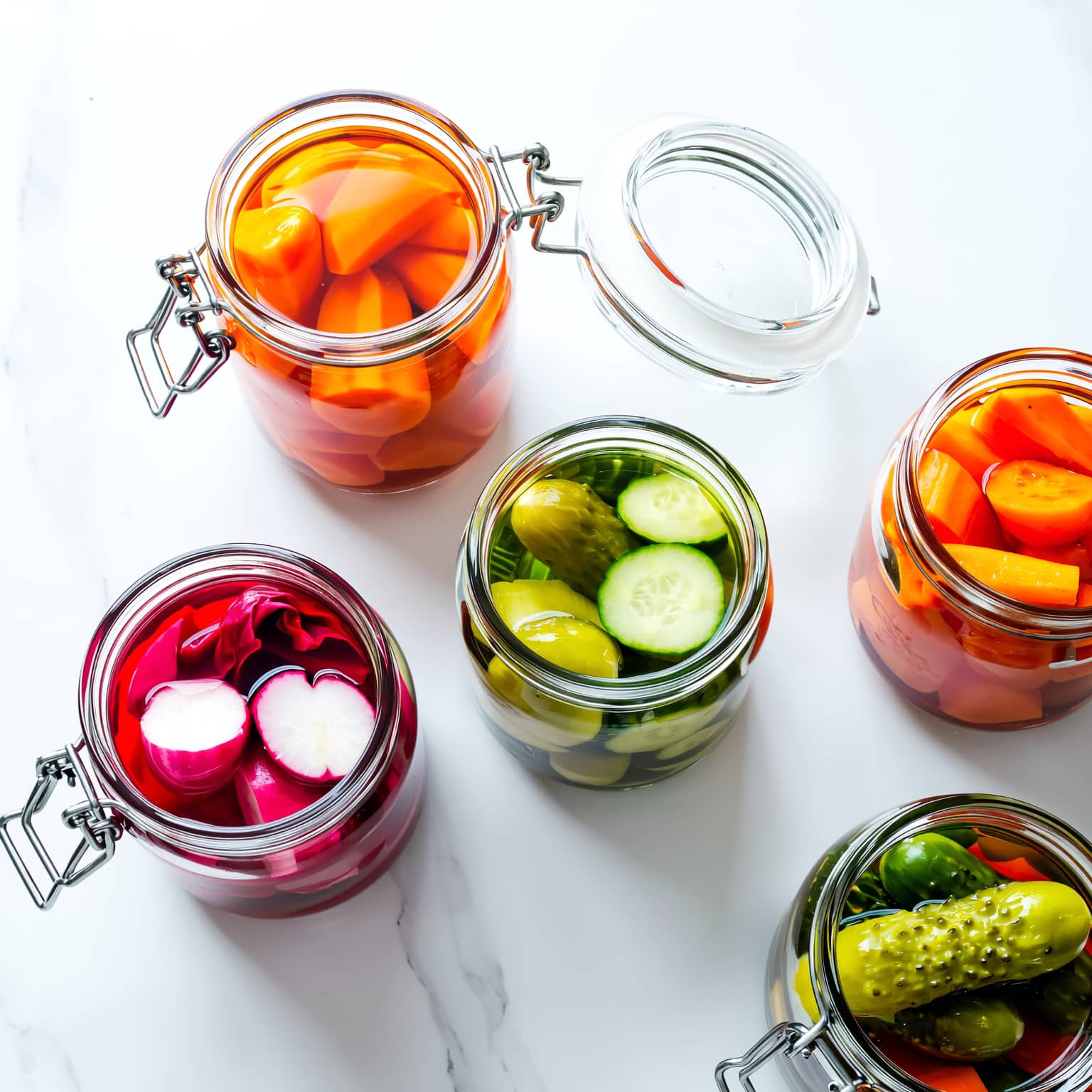 Bocaux de pickles colorés pour batch cooking végétarien