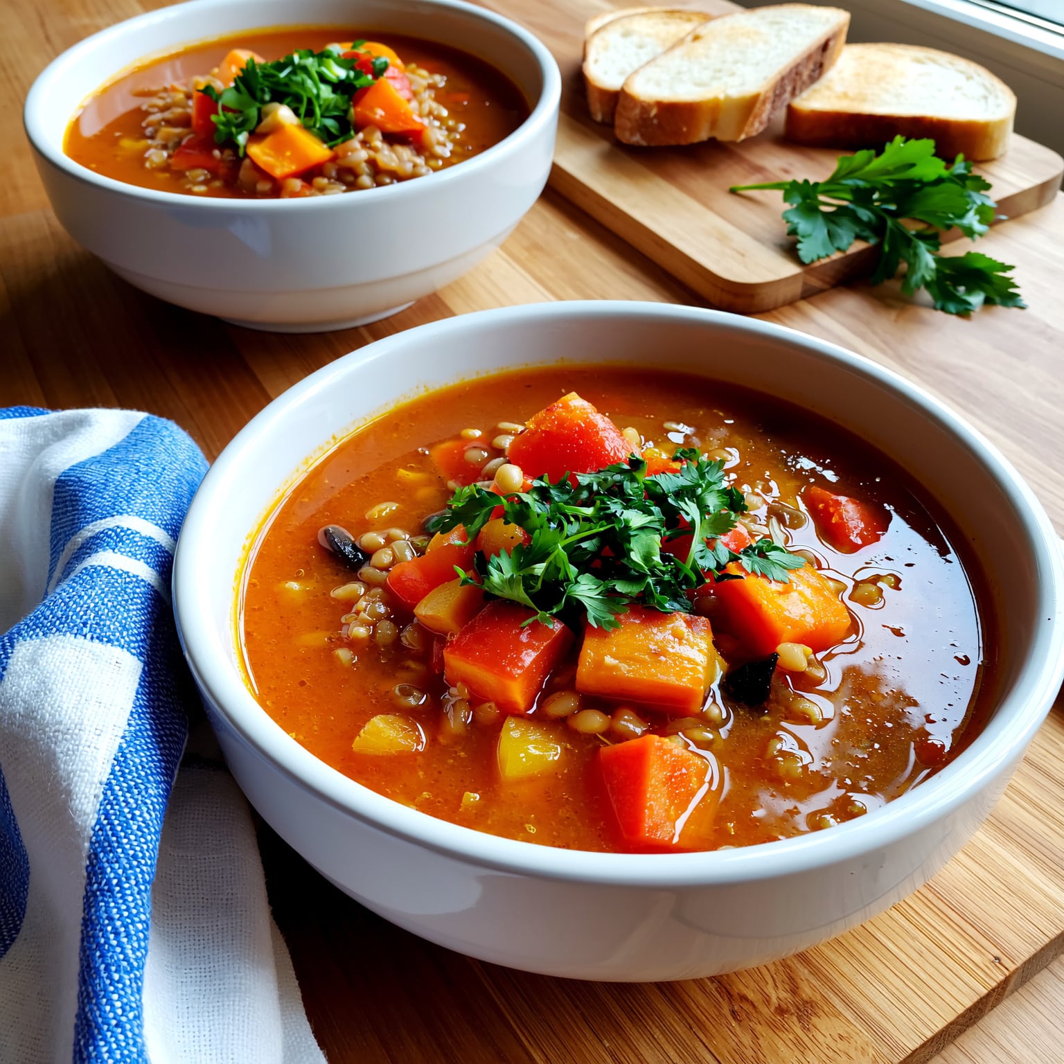 Bol de soupe végétarienne aux légumes rôtis et lentilles