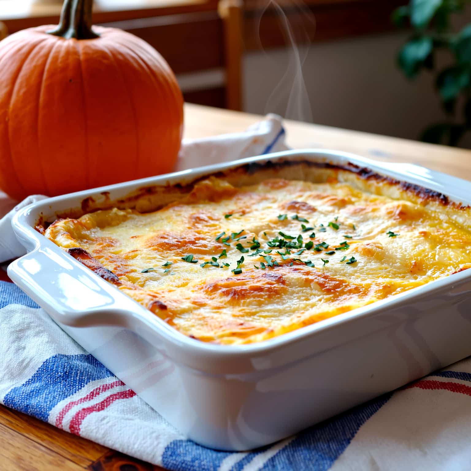 Gratin courge-fromage doré au four sur une table rustique
