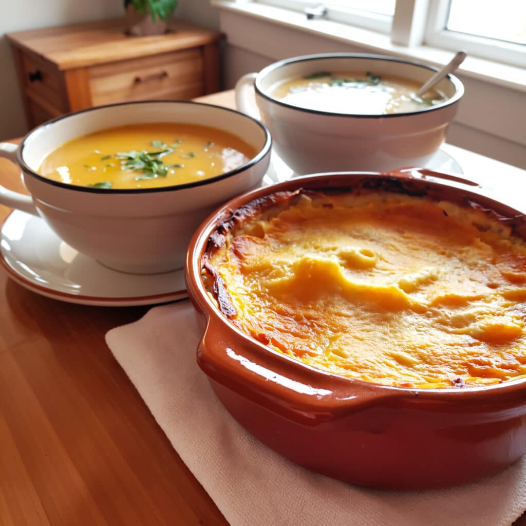 Gratin courge-fromage doré et fondant dans un plat en céramique rustique
