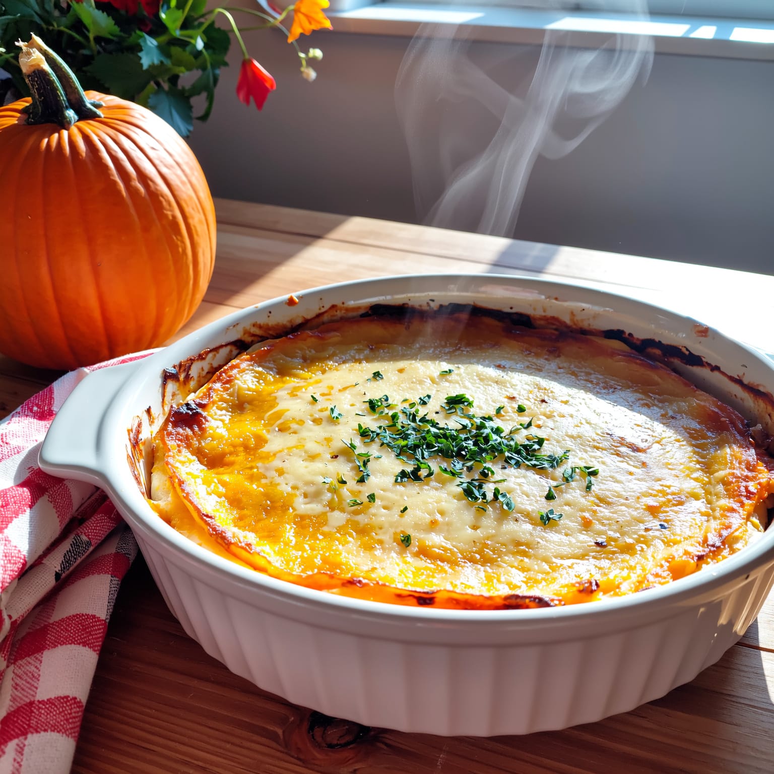 Gratin courge-fromage doré au four sur une table rustique