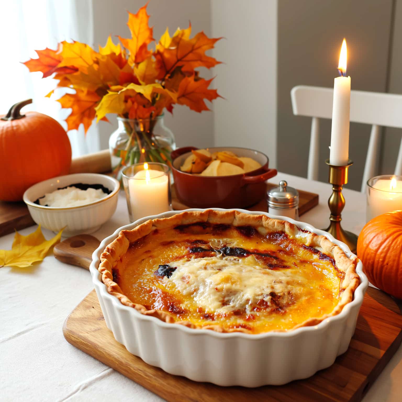 Recettes d’automne végétariennes sur une table rustique avec des plats chauds et bougies