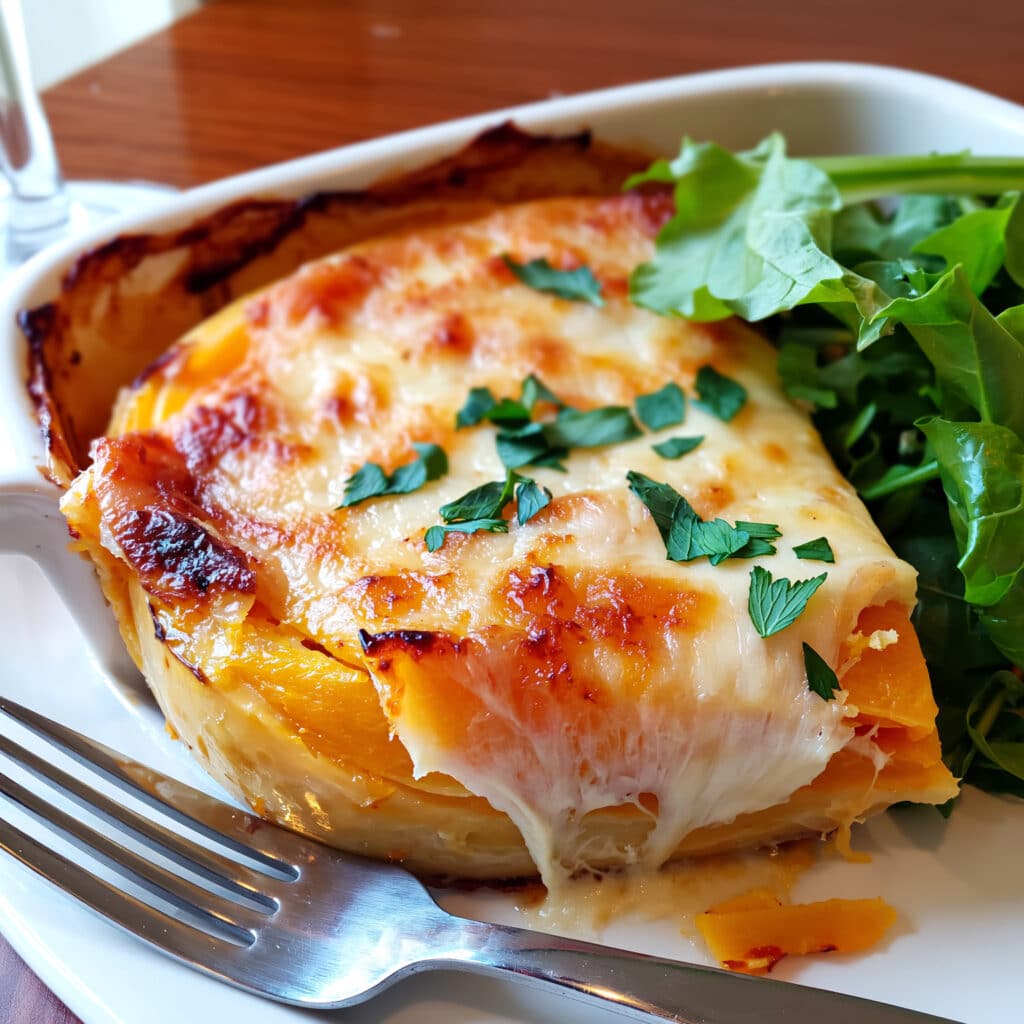 Portion de gratin butternut-fromage servie