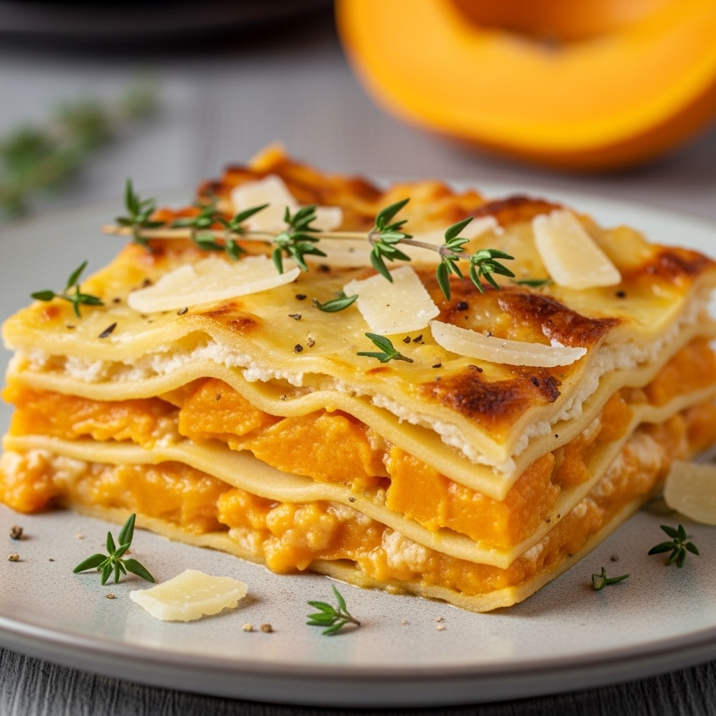 Portion de lasagnes au butternut servie