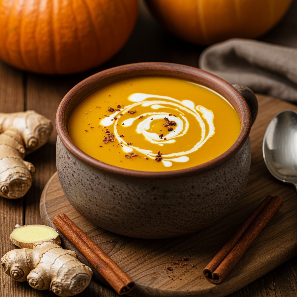 Soupe potiron-coco onctueuse servie dans un bol rustique