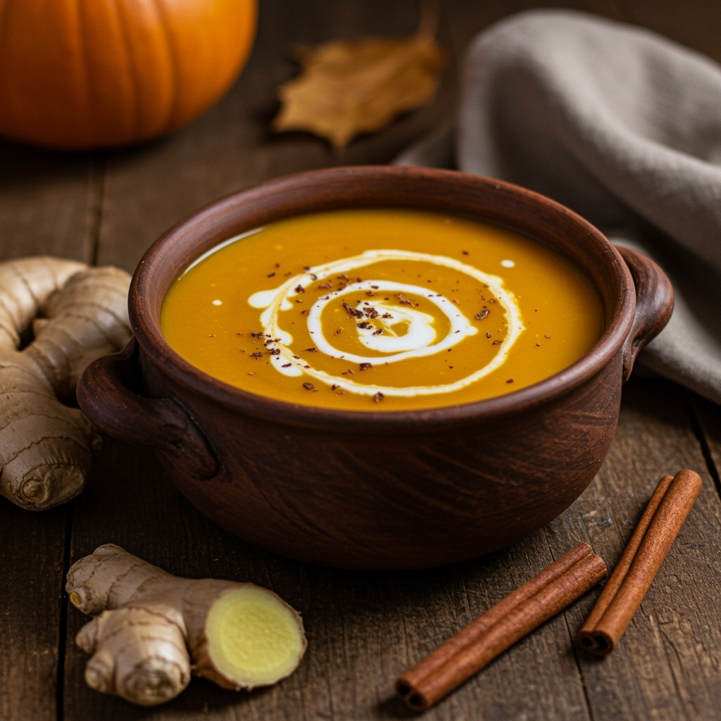 Soupe potiron-coco crémeuse servie dans un bol rustique avec un filet de lait de coco