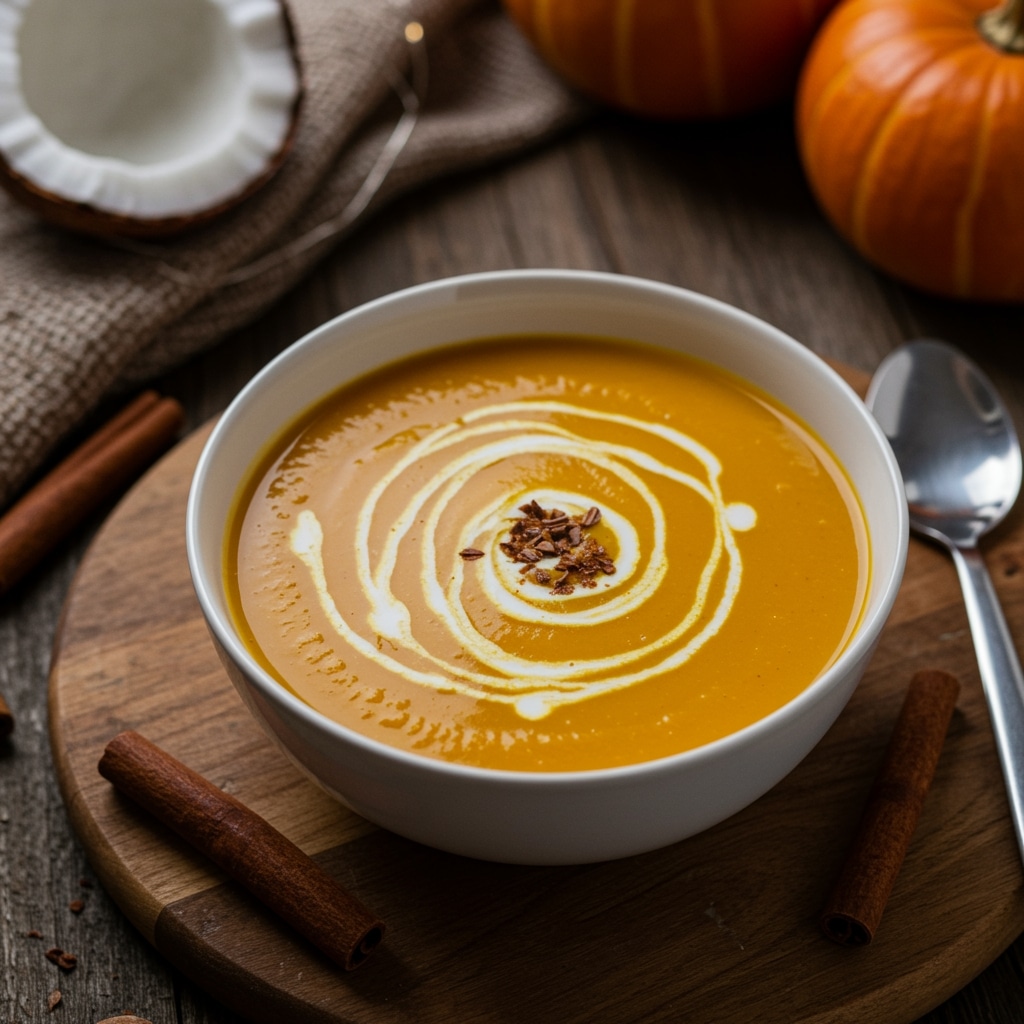 Soupe potiron-coco onctueuse servie dans un bol rustique