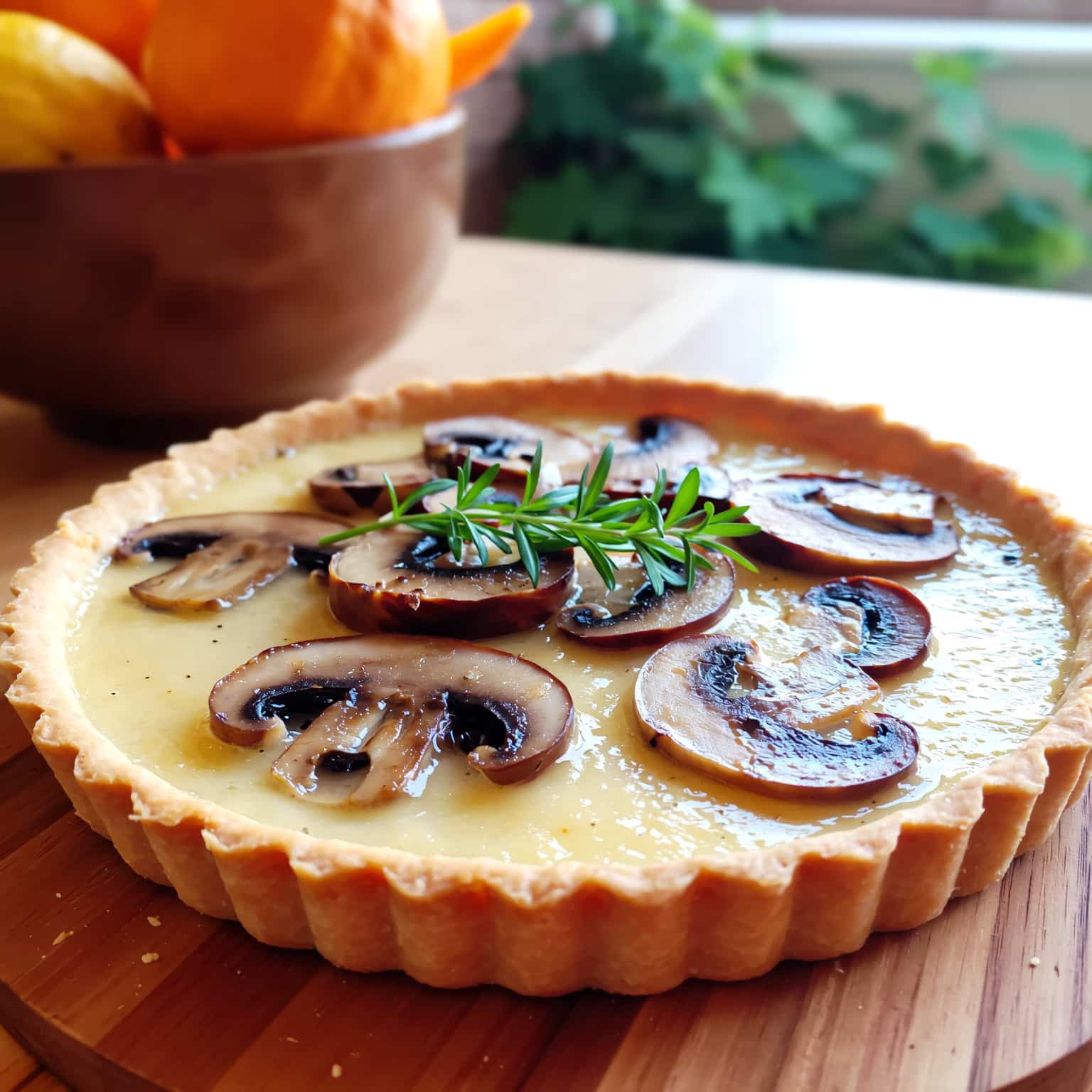 Tarte champignons-échalotes dorée et croustillante sur table rustique