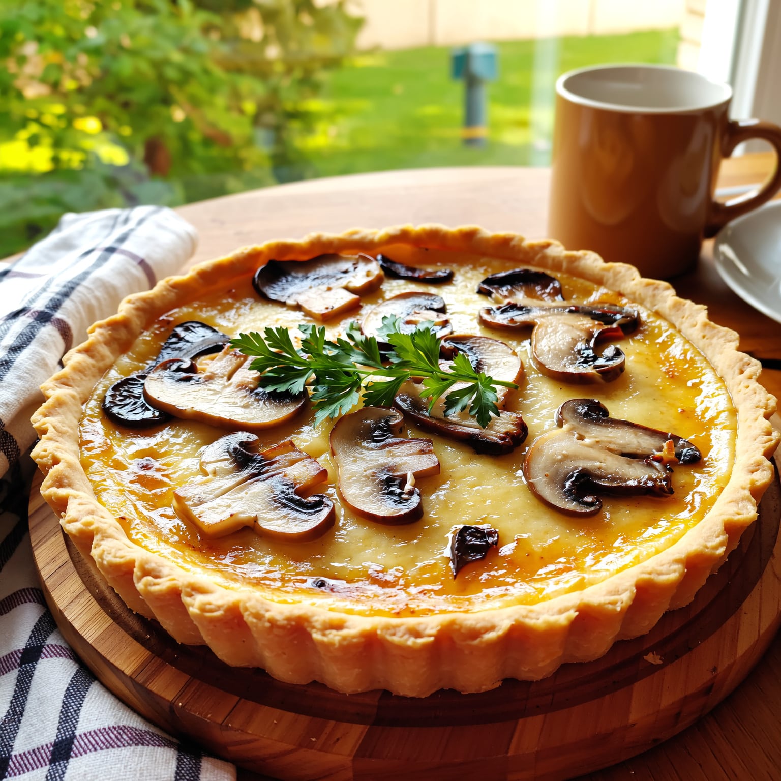 Tarte champignons-échalotes dorée et croustillante sur table rustique