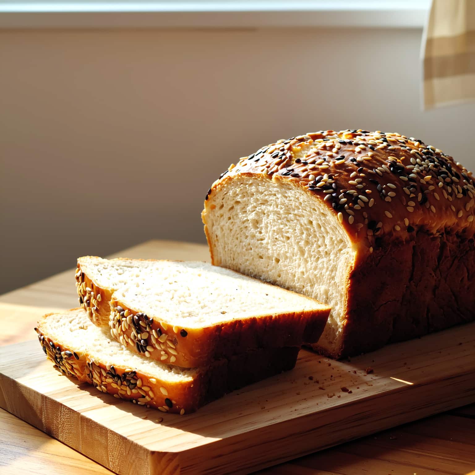 Pain maison aux graines tranché sur une planche rustique