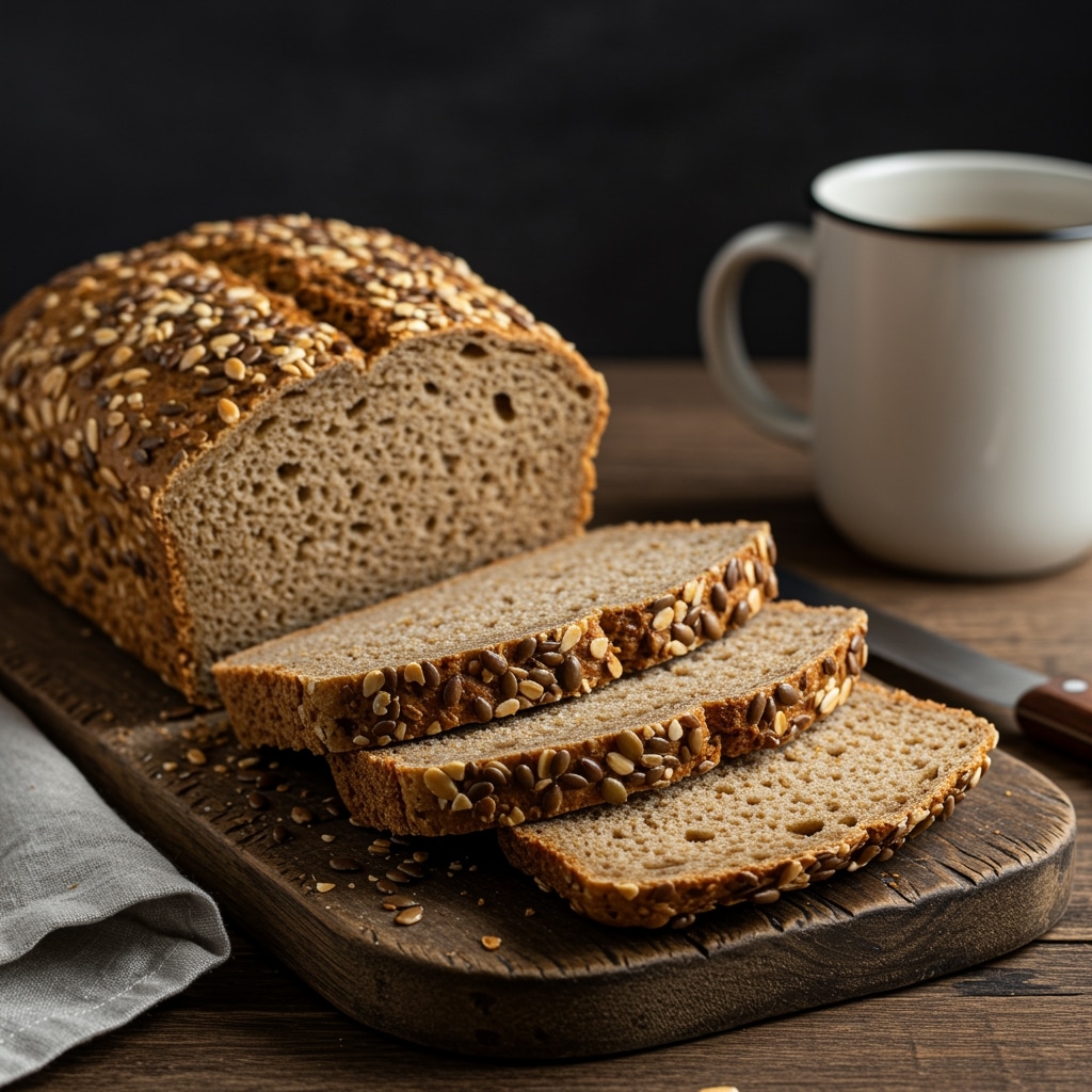 Pain maison aux graines tranché sur une planche rustique