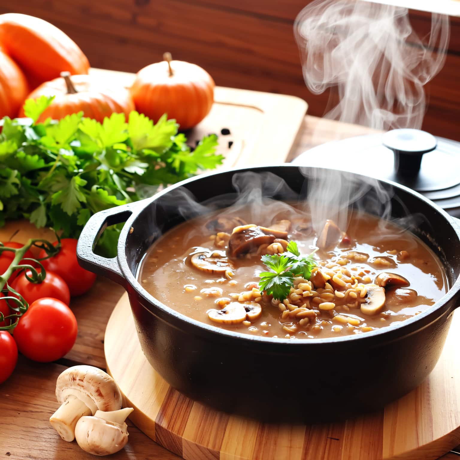 Ragoût lentilles-champignons mijoté dans une cocotte en fonte