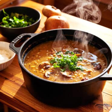 Ragoût lentilles-champignons mijoté dans une cocotte en fonte