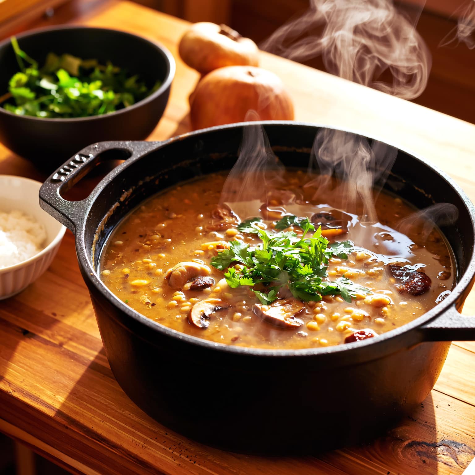 Ragoût lentilles-champignons mijoté dans une cocotte en fonte