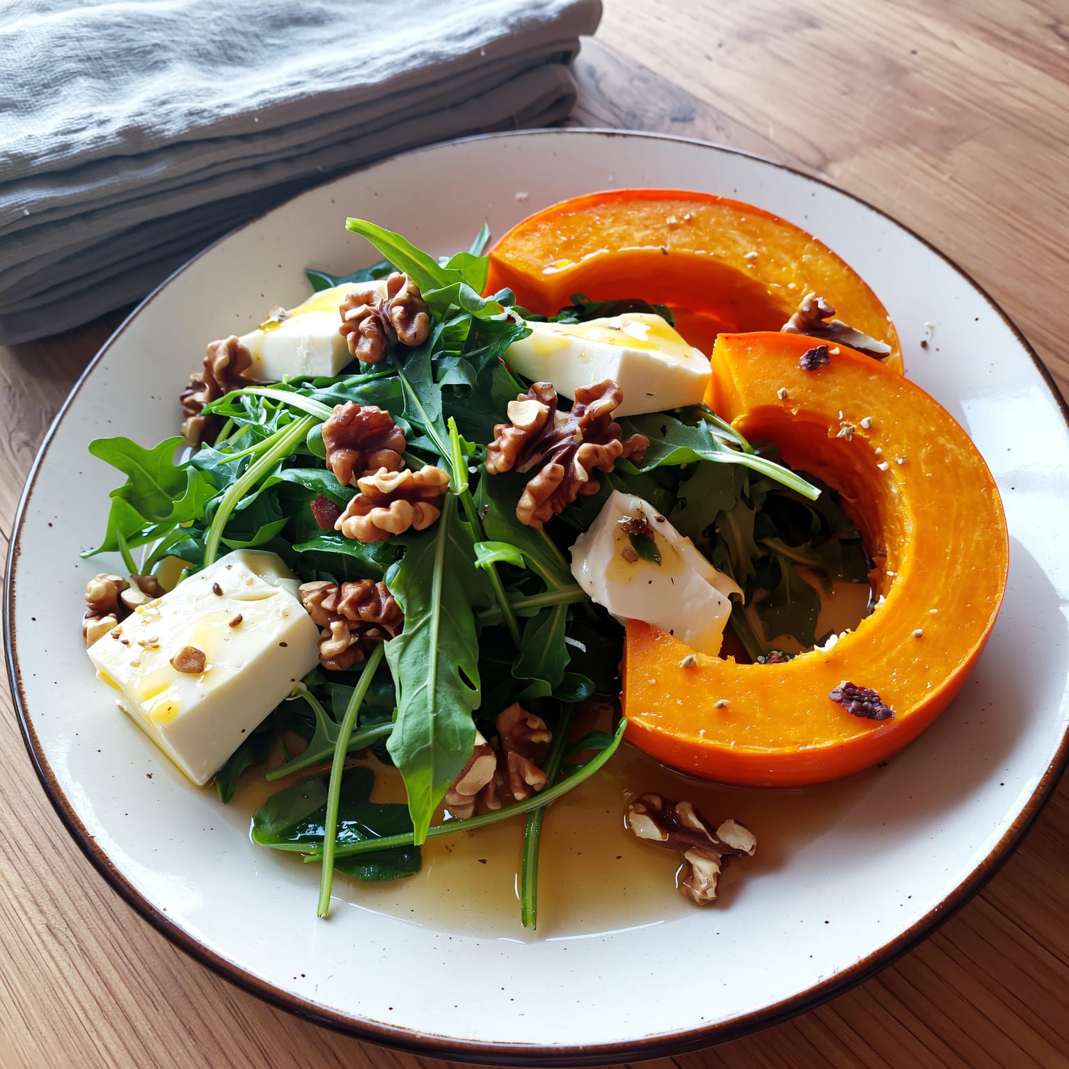 Salade tiède de courge rôtie avec roquette, fromage de chèvre et noix