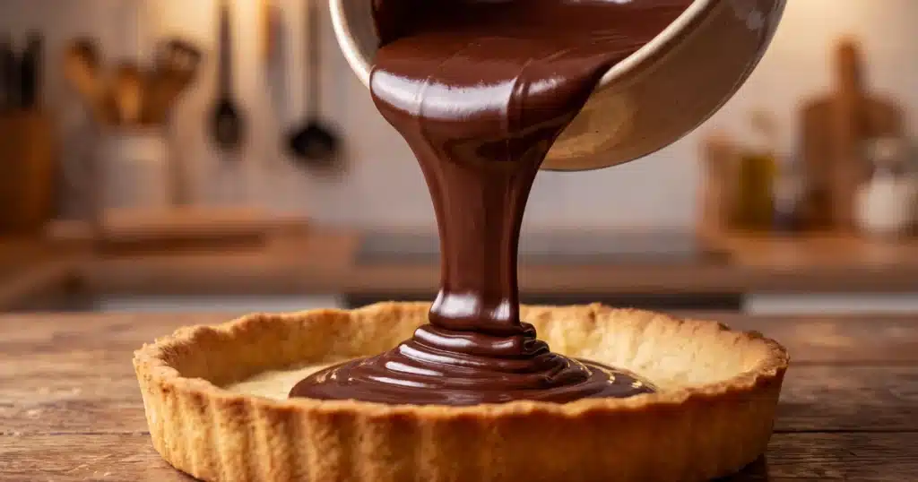 Une ganache au chocolat noir épaisse, soyeuse et brillante en train d'être versée dans un fond de pâte sablée cuit à blanc.