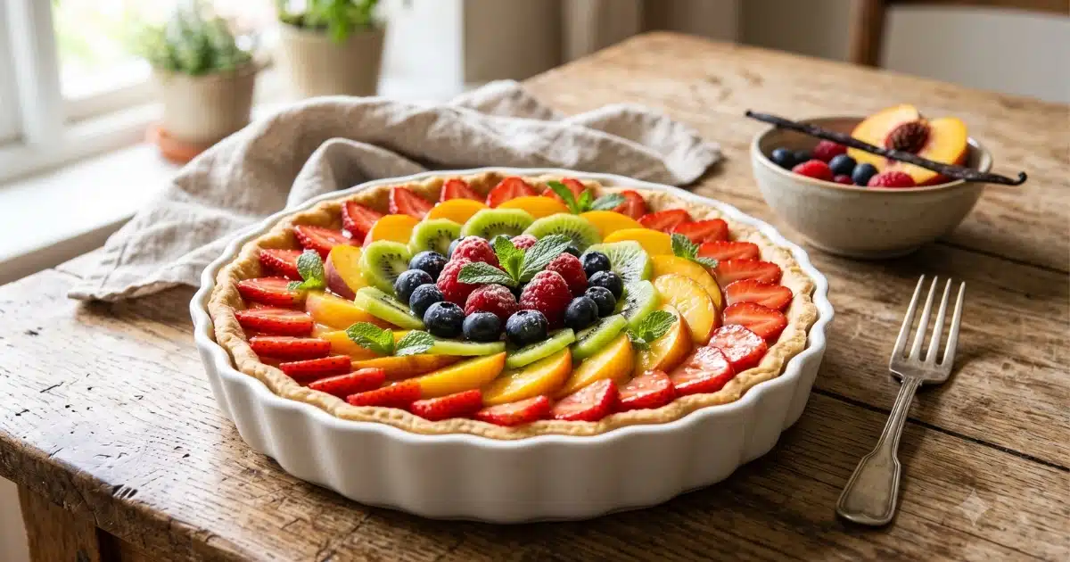 Une délicieuse tarte aux fruits de saison végétarienne garnie de fraises, pêches et kiwis, posée sur une table en bois rustique.