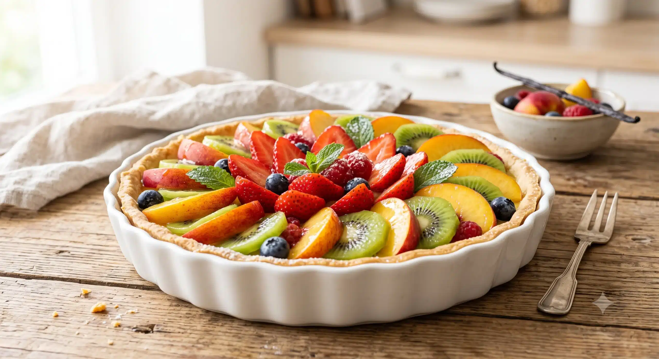 Une délicieuse tarte aux fruits de saison végétarienne garnie de fraises, pêches et kiwis, posée sur une table en bois rustique.