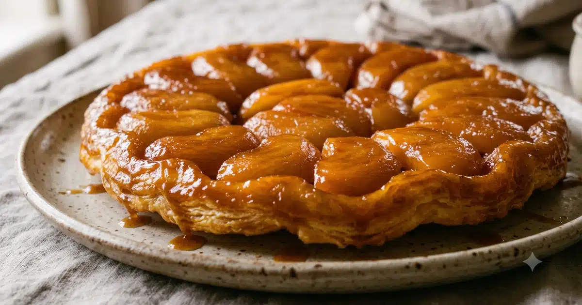 Tarte Tatin aux pommes caramélisées et pâte croustillante sur un plat rustique, dessert renversé traditionnel.
