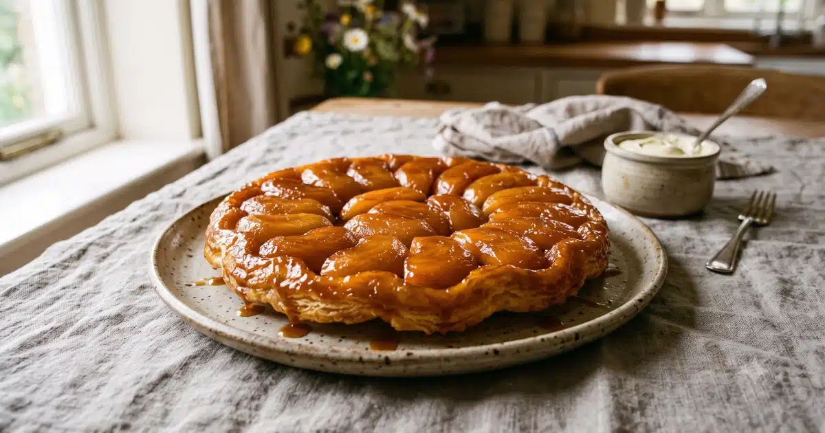 Tarte Tatin aux pommes caramélisées et pâte croustillante sur un plat rustique, dessert renversé traditionnel.