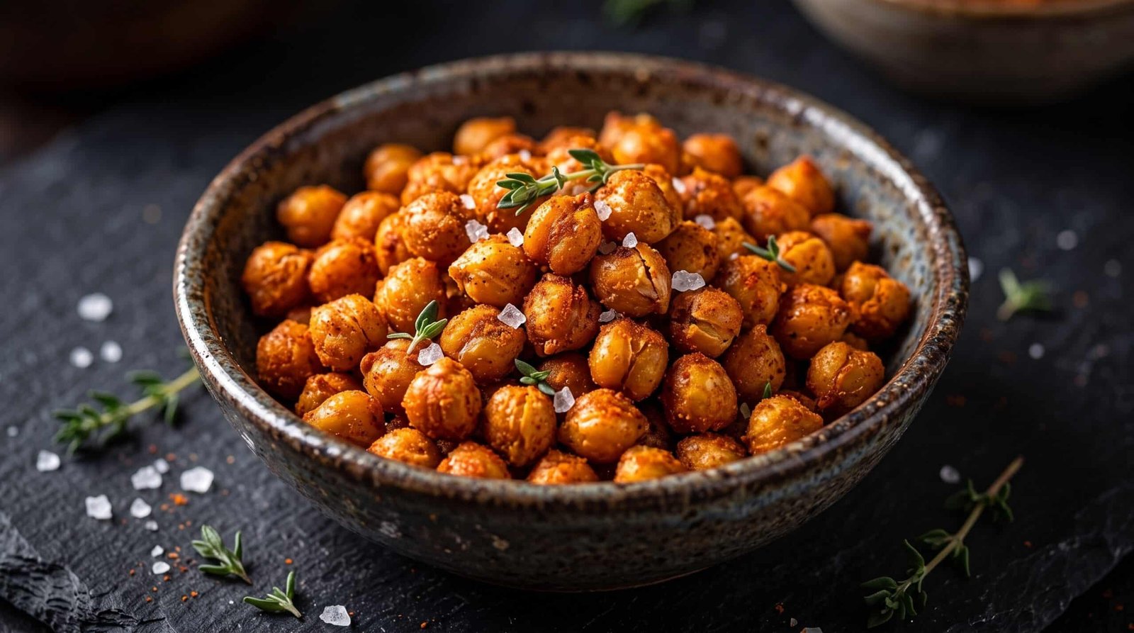 Bol rustique rempli de pois chiches rôtis au four, enrobés d'épices dorées et de paprika, parfaits pour l'apéritif.